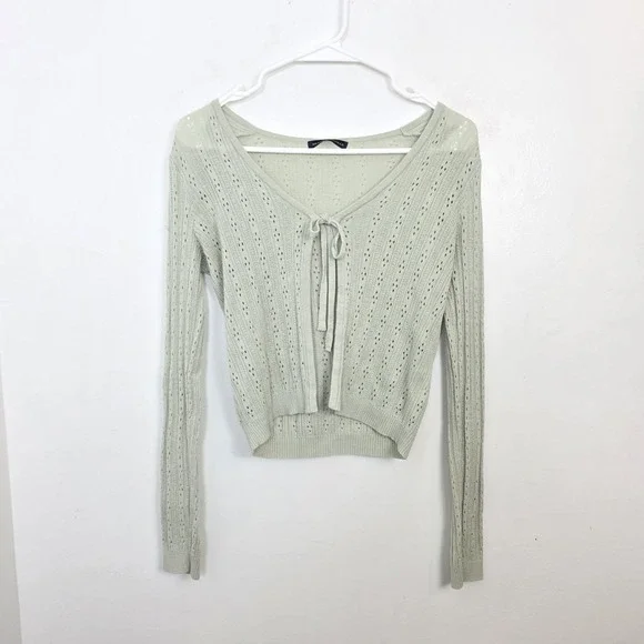 Brandy Melville Pastel Green Dainty Eyelet Open Knit Front Tie Cardigan Size M - Picture 2 of 8